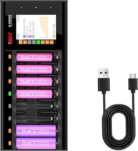 ISDT N8 8-Slots Fast Speed Battery Charger with LCD Display,Type-C QC3.0 Output Rechargeable Battery Charger AA AAA for Ni-MH Li-lon Ni-Cd LiFePO4 Not for 1.5V Lithium