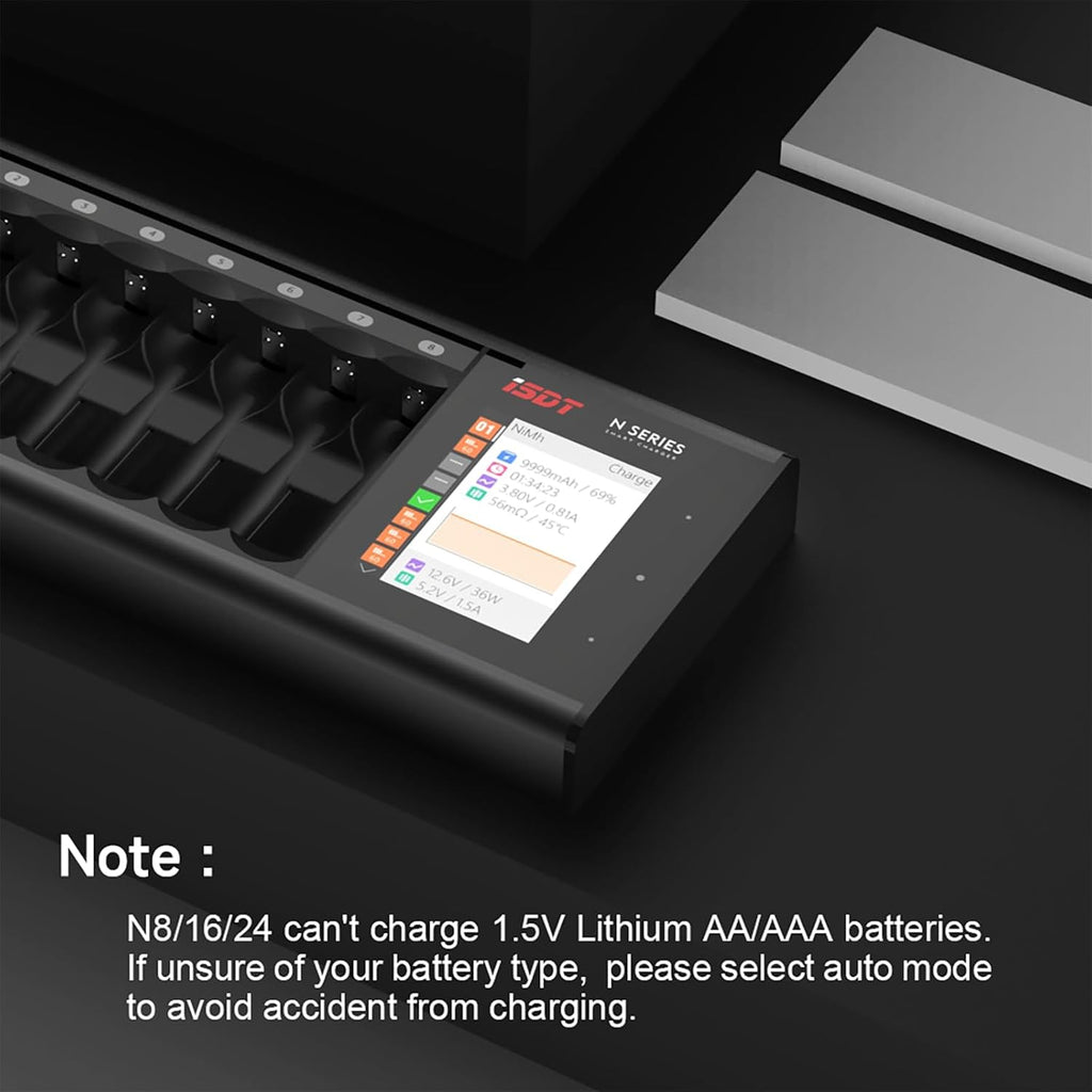 ISDT N8 8-Slots Fast Speed Battery Charger with LCD Display,Type-C QC3.0 Output Rechargeable Battery Charger AA AAA for Ni-MH Li-lon Ni-Cd LiFePO4 Not for 1.5V Lithium